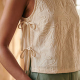 Ecru Embroidered Cotton Sleeveless Side-Tie Top