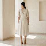 Ecru Embroidered Cotton V-Neck Pinafore Midi Wrap Dress