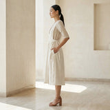 Ecru Embroidered Cotton V-Neck Pinafore Midi Wrap Dress