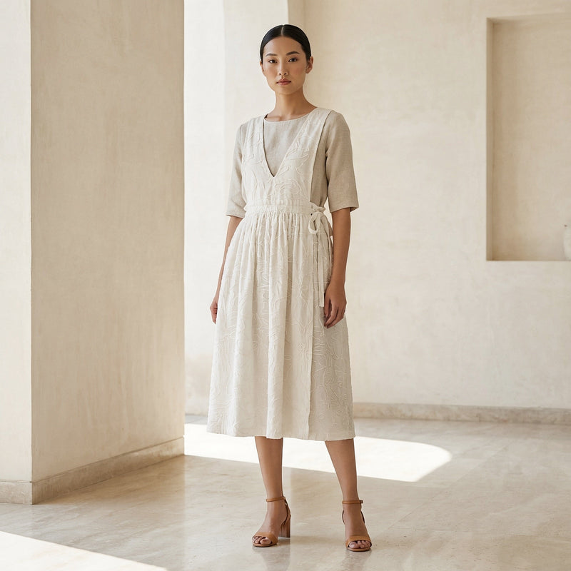 Ecru Embroidered Cotton V-Neck Pinafore Midi Wrap Dress 52" / Petite (5'1" and below) Ecru Embroidered Cotton V-Neck Pinafore Midi Wrap Dress 52" / Petite (5'1" and below)