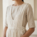 Ecru Embroidered Cotton V-Neck Pinafore Midi Wrap Dress