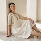 Ecru Embroidered Cotton V-Neck Pinafore Midi Wrap Dress