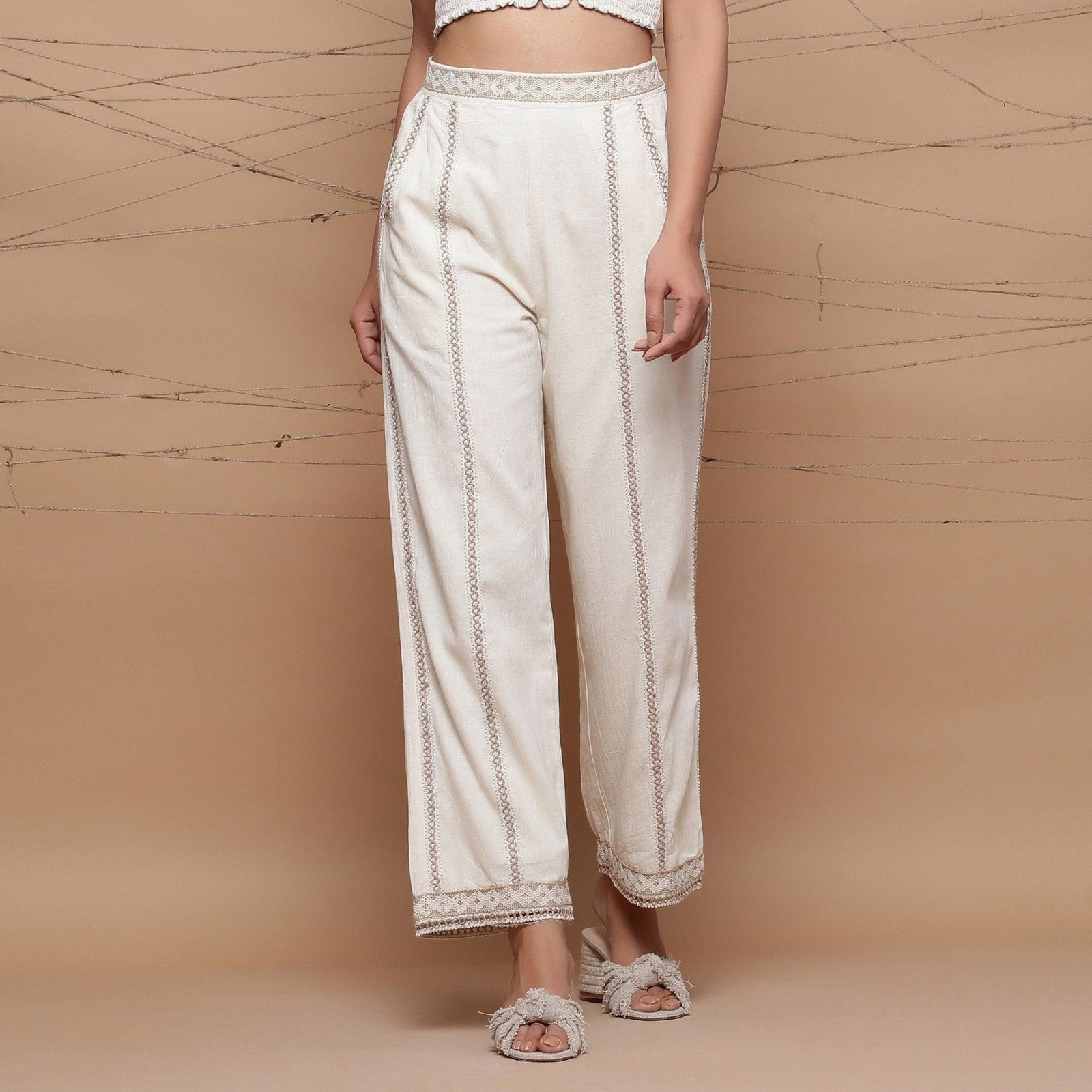 Buy Ecru Jute Laced Cotton Muslin Mid-Rise Elasticated Pant Online