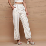 Ecru Jute Laced Cotton Muslin Mid-Rise Elasticated Pant