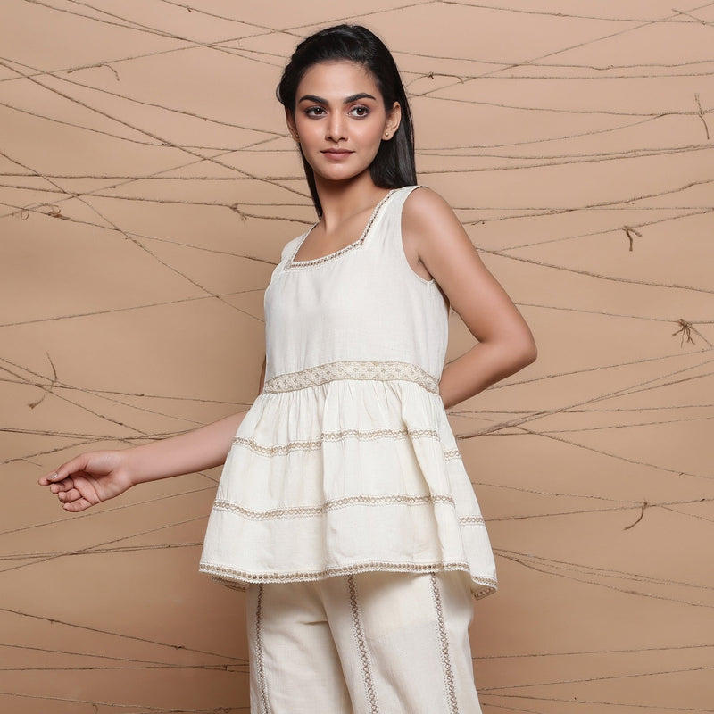 Ecru Jute Laced Cotton Muslin Sleeveless Peplum Top