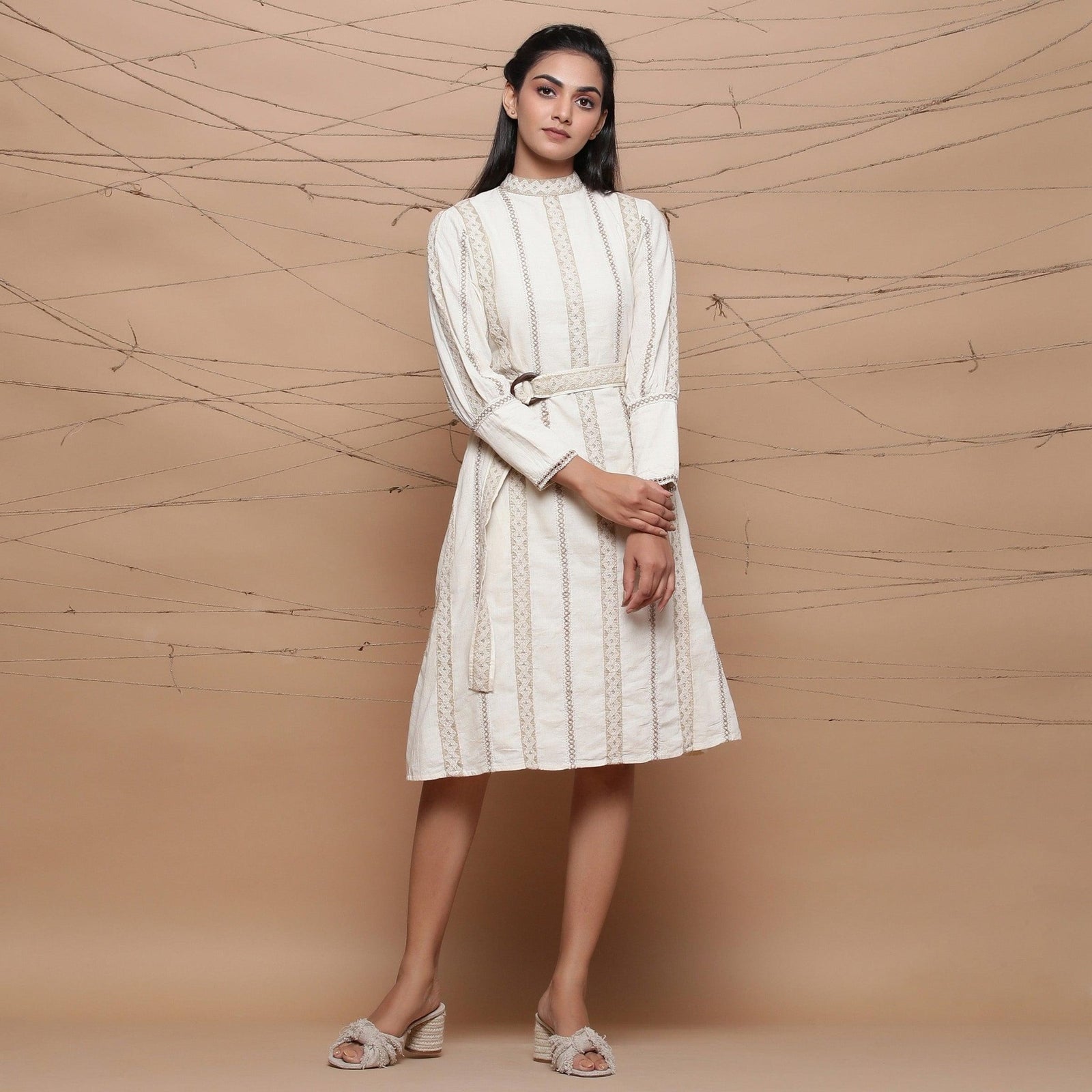 Ecru Jute Laced Cotton Turtle Neck Knee Length Dress 28