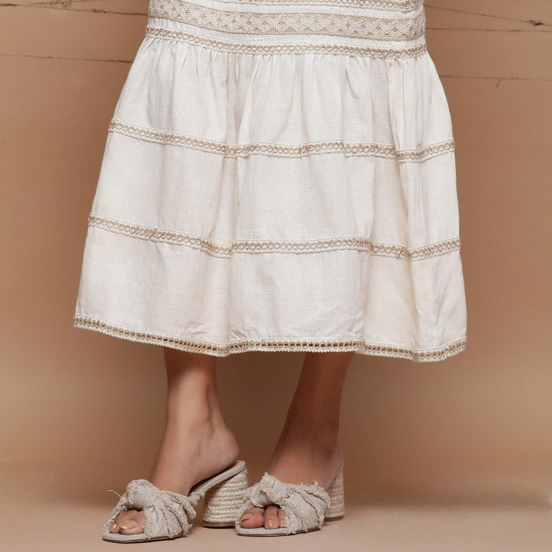 Close View of a Model wearing Jute Laced Handspun Sheath Dress