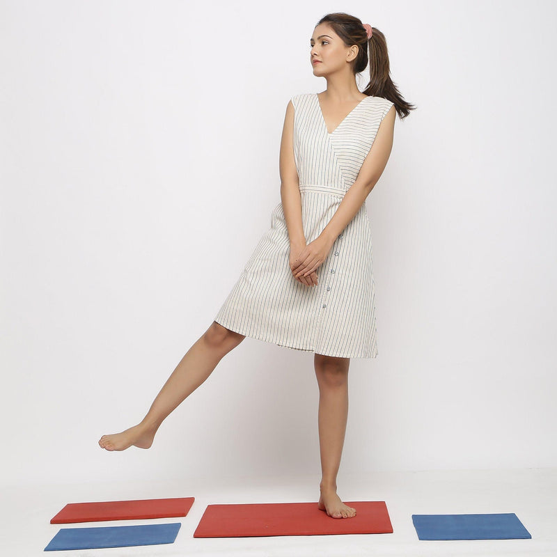 Front View of a Model wearing Vegetable Dyed Ecru Button-Down Dress