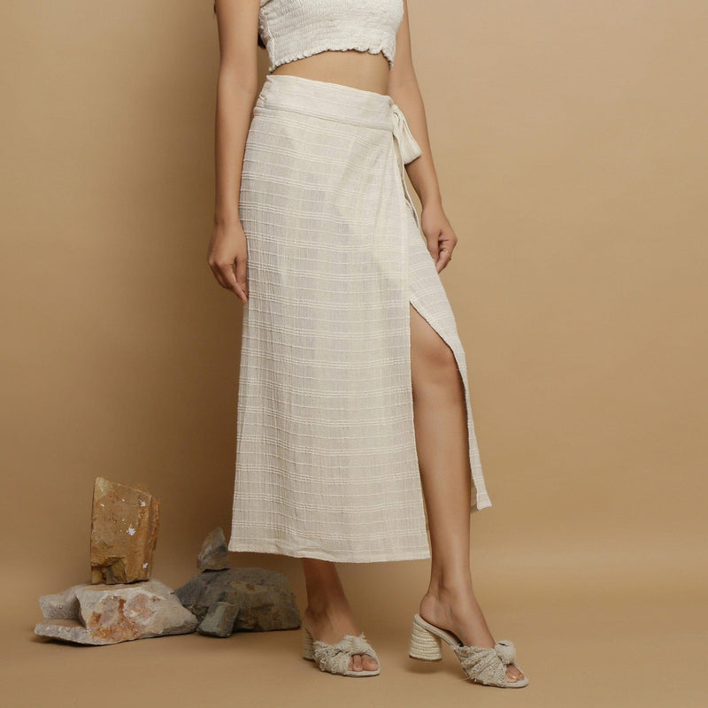 Right View of a Model wearing Undyed Banded Cotton Flax Wrap Skirt