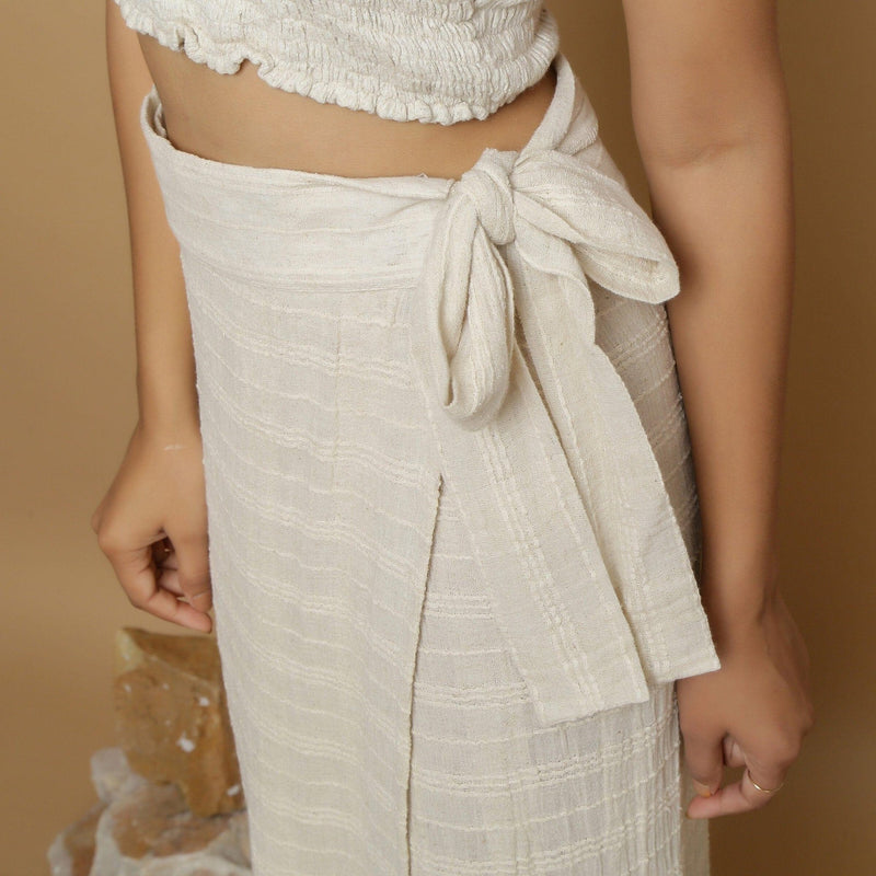 Left Detail of a Model wearing Undyed Banded Cotton Flax Wrap Skirt