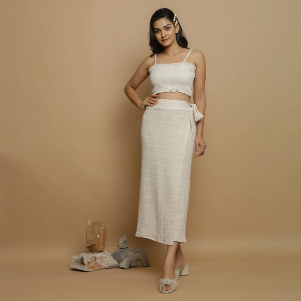 Front View of a Model wearing Undyed Banded Cotton Flax Wrap Skirt