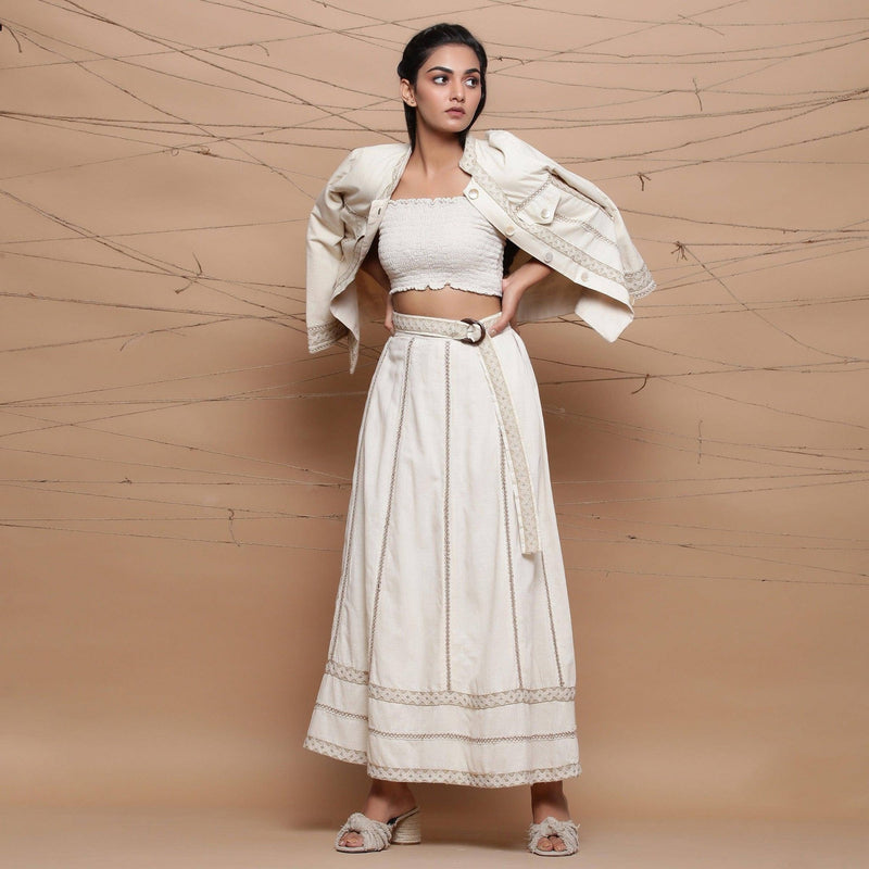 Ecru Undyed Cotton Jute Laced Elasticated Flared Skirt