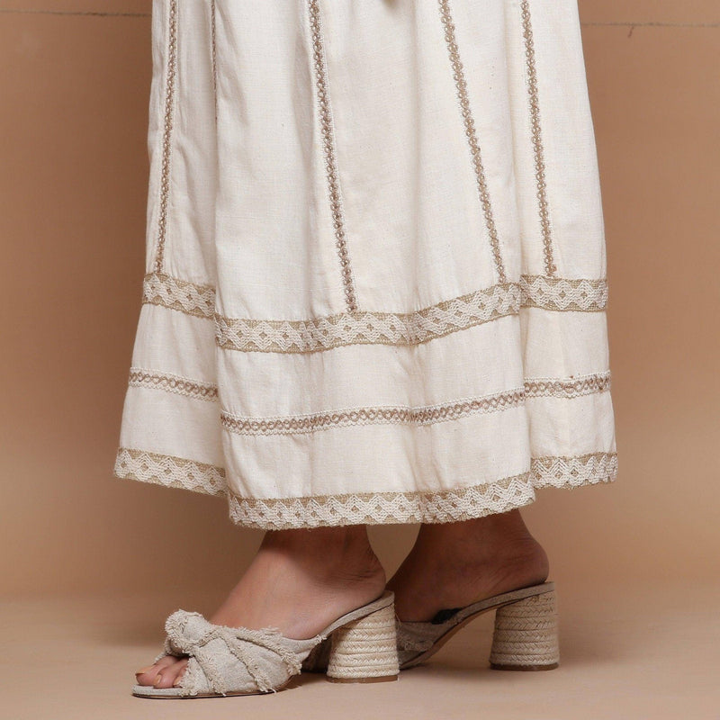 Ecru Undyed Cotton Jute Laced Elasticated Flared Skirt