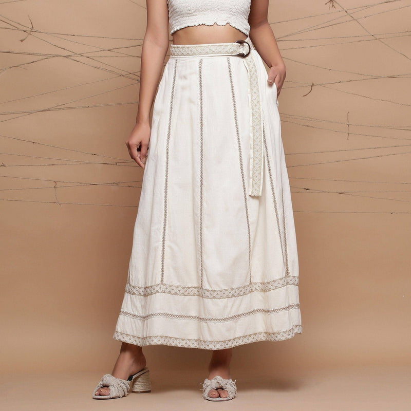 Ecru Undyed Cotton Jute Laced Elasticated Flared Skirt