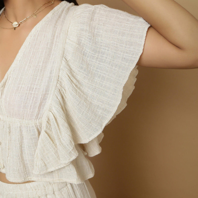 Front Detail of a Model wearing Undyed Crinkled Cotton Gathered Crop Top