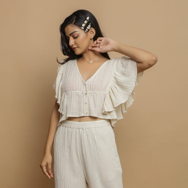 Front View of a Model wearing Undyed Crinkled Cotton Gathered Crop Top