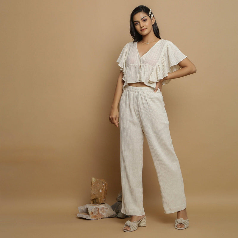 Front View of a Model wearing Undyed Crinkled Cotton Gathered Crop Top