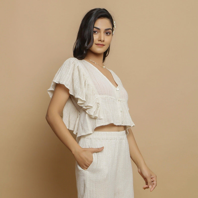 Right View of a Model wearing Undyed Crinkled Cotton Gathered Crop Top