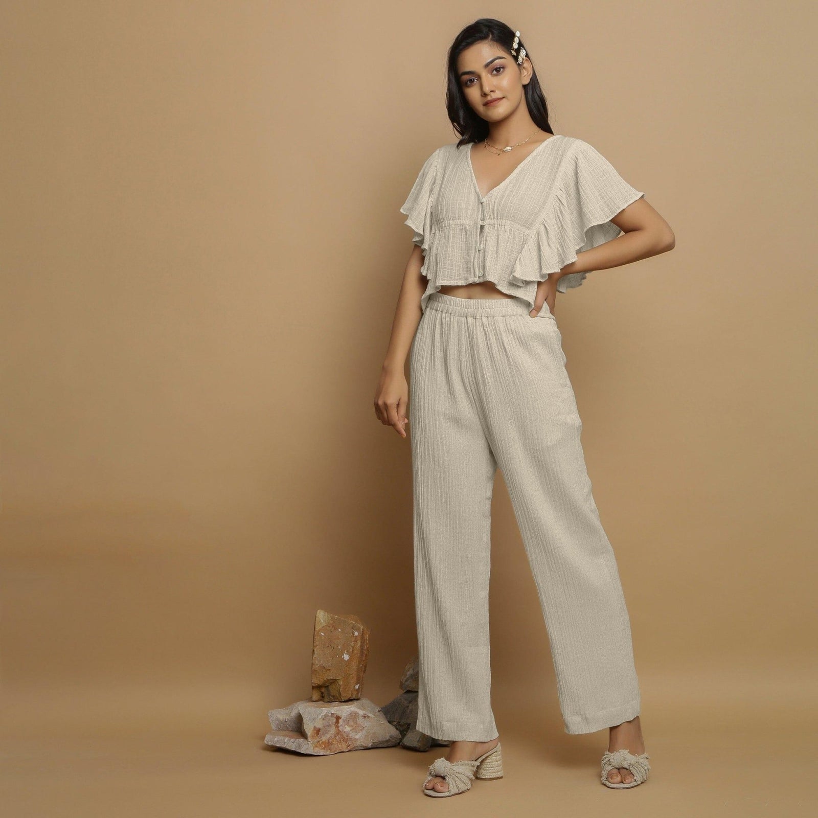 Buy Ecru Undyed Crinkled Cotton Flax Butterfly Sleeves Crop
