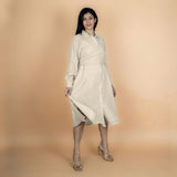 Ecru Undyed Crinkled Cotton Flax Button-Down Midi Wrap Dress