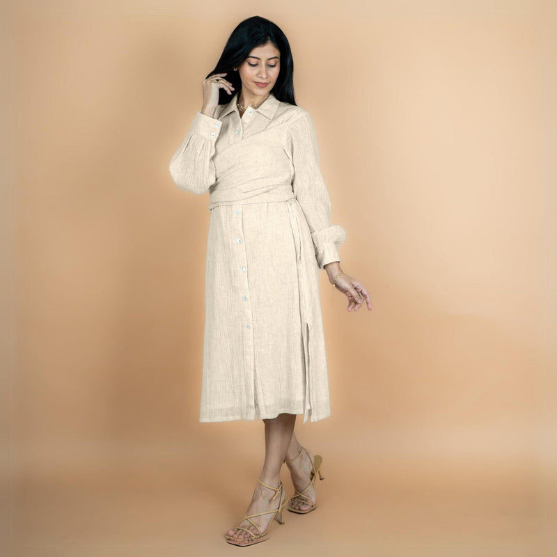 Ecru Undyed Crinkled Cotton Flax Button-Down Midi Wrap Dress