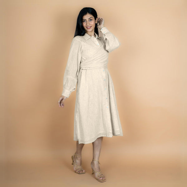 Ecru Undyed Crinkled Cotton Flax Button-Down Midi Wrap Dress