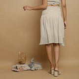 Ecru Undyed Crinkled Cotton Flax Frilled Knee Length Skirt