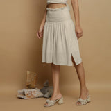 Ecru Undyed Crinkled Cotton Flax Frilled Knee Length Skirt