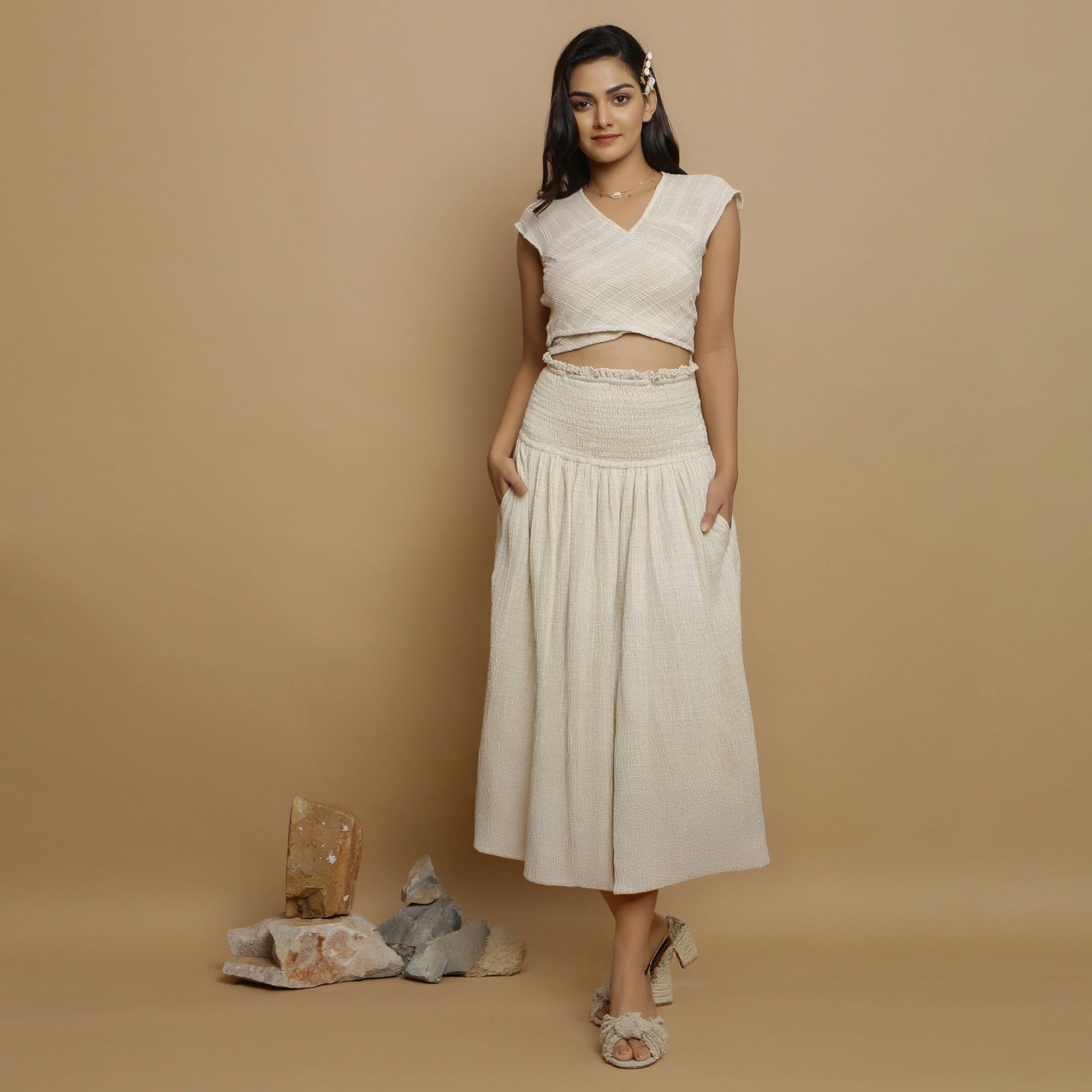 Buy Ecru Undyed Crinkled Cotton Flax Frilled Maxi Skirt Online at