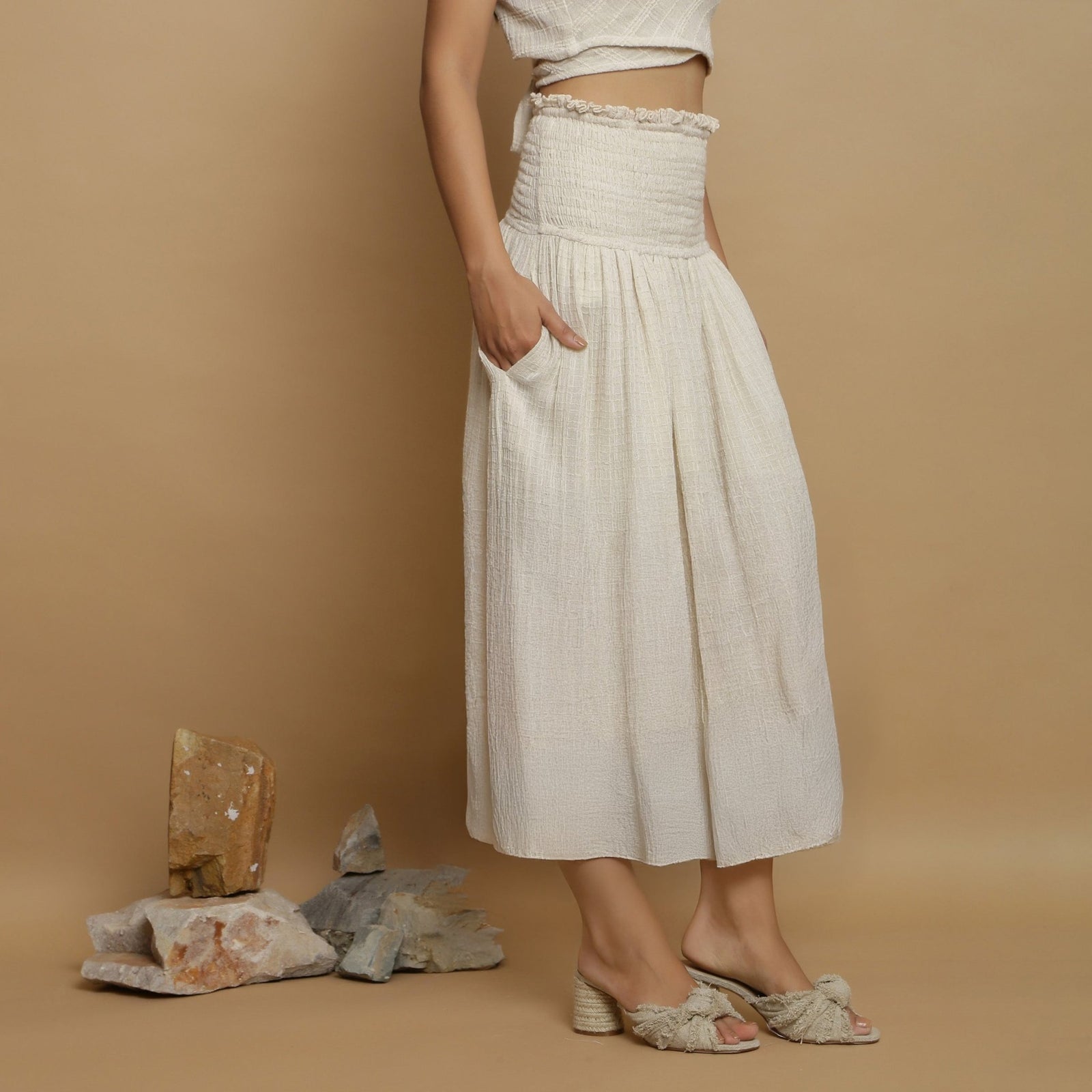 Buy Ecru Undyed Crinkled Cotton Flax Frilled Maxi Skirt Online at