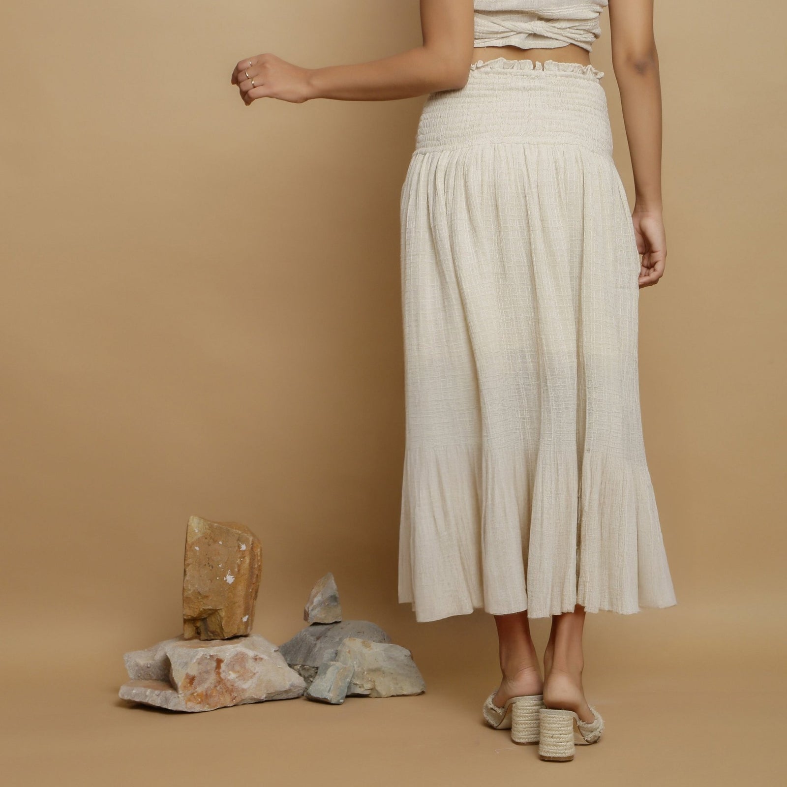 Buy Ecru Undyed Crinkled Cotton Flax Frilled Maxi Skirt Online at