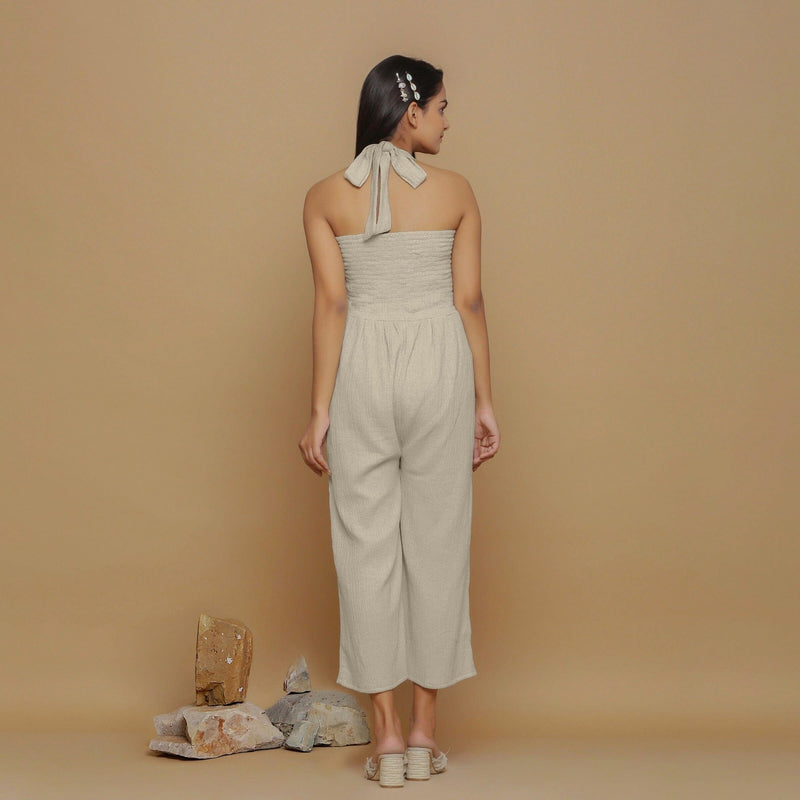 Ecru Undyed Crinkled Cotton Flax High-Rise Jumpsuit