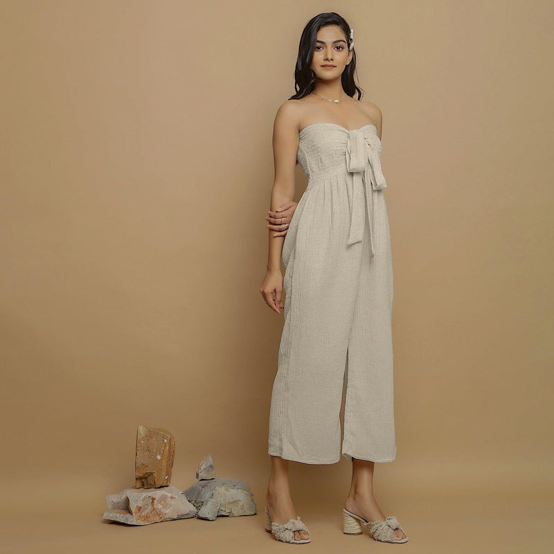 Ecru Undyed Crinkled Cotton Flax High-Rise Jumpsuit