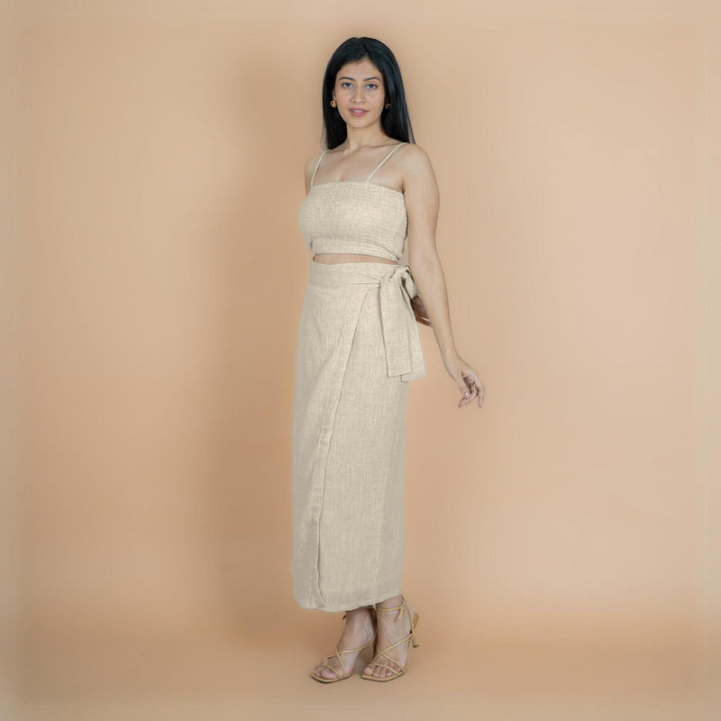 Ecru Undyed Crinkled Cotton Flax High-Rise Maxi Wrap Skirt