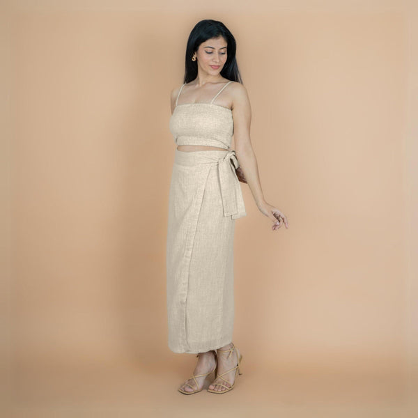 Ecru Undyed Crinkled Cotton Flax High-Rise Maxi Wrap Skirt