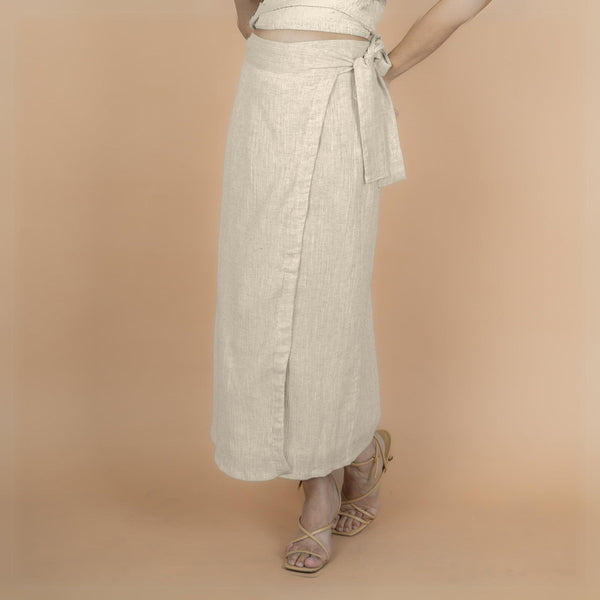 Ecru Undyed Crinkled Cotton Flax High-Rise Maxi Wrap Skirt