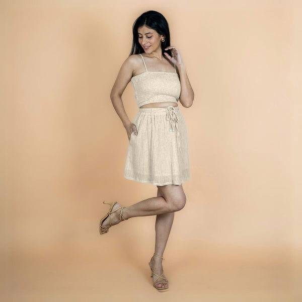 Ecru Undyed Crinkled Cotton Flax High-Rise Skater Mini Skirt