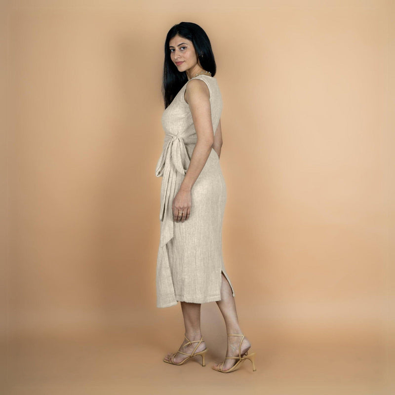 Ecru Undyed Crinkled Cotton Flax Shift Midi Wrap Dress 54 Ecru Undyed Crinkled Cotton Flax Shift Midi Wrap Dress 54