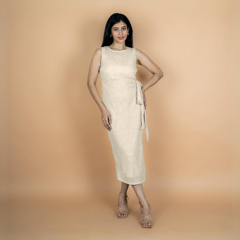 Ecru Undyed Crinkled Cotton Flax Shift Midi Wrap Dress