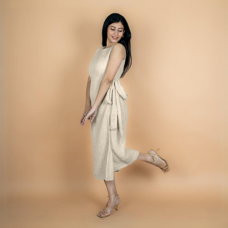 Ecru Undyed Crinkled Cotton Flax Shift Midi Wrap Dress