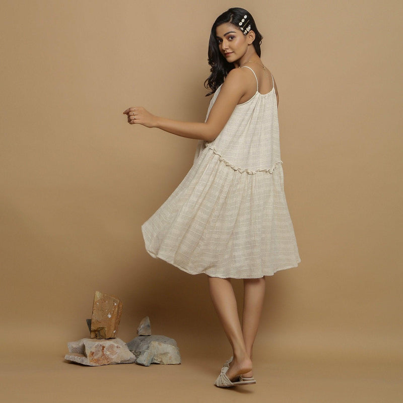 Back View of a Model wearing Undyed Cotton Flax Flared Dress