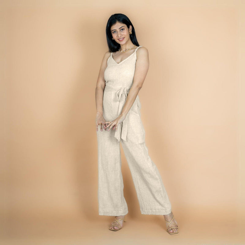 Ecru Undyed Crinkled Cotton Flax V-Neck Strap Sleeve Jumpsuit