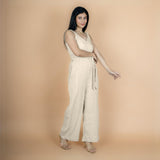 Ecru Undyed Crinkled Cotton Flax V-Neck Strap Sleeve Jumpsuit