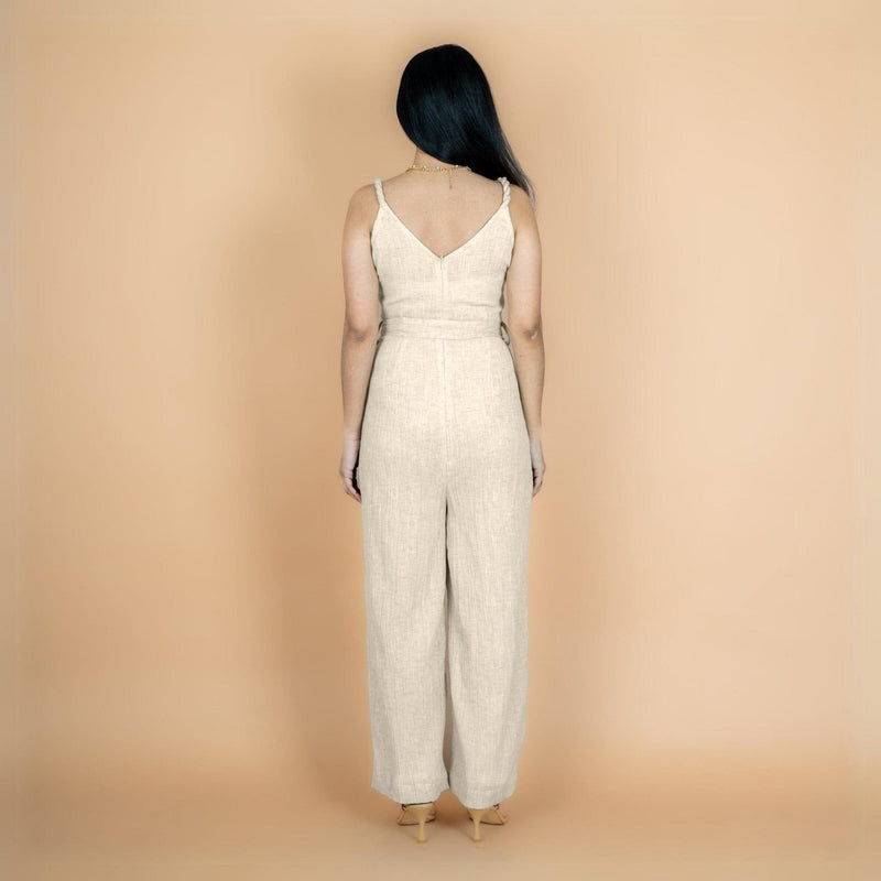 Ecru Undyed Crinkled Cotton Flax V-Neck Strap Sleeve Jumpsuit