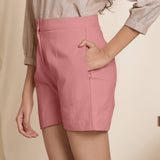 Left View of a Model wearing English Rose Cotton Flannel High-Rise Shorts