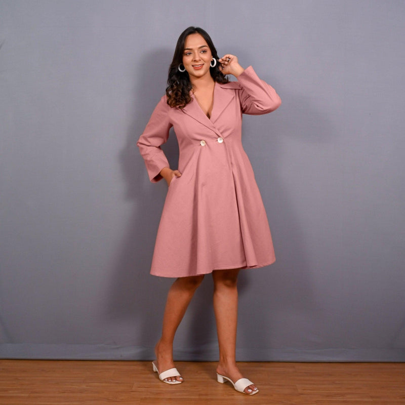 Front View of a Model wearing English Rose Warm Cotton Flannel Fit and Flare Knee Length Blazer Dress