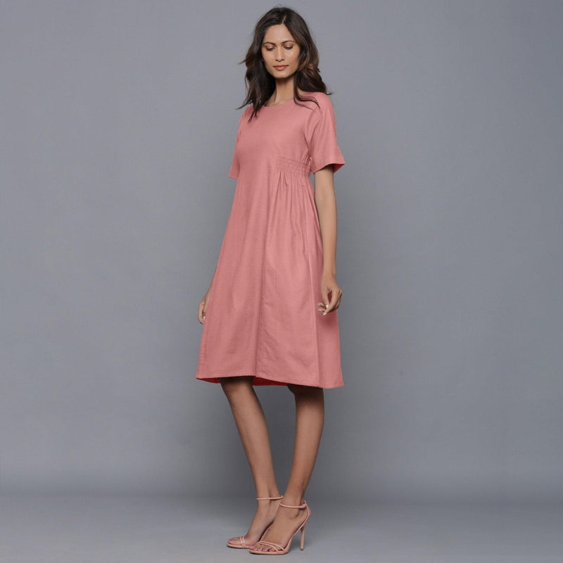 Left View of a Model wearing English Rose Paneled Cotton Flannel Dress