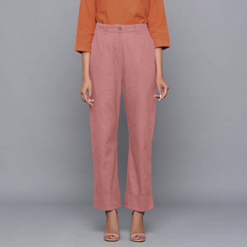 Front View of a Model Wearing English Rose Flannel Rolled-Up Straight Pant