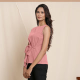 Left View of a Model wearing Warm English Rose A-Line Cotton Top