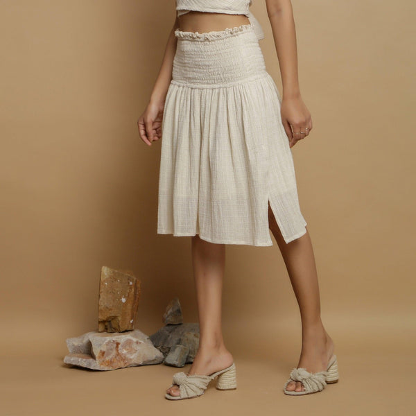 Left View of a Model wearing Undyed Cotton Flax Frilled Skirt